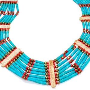 Tribal Blue Turquoise & Red Coral  Necklace Ethnic Bohemian Clay 8 Stran…
